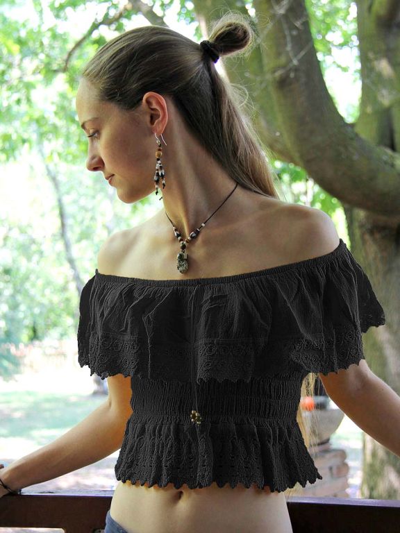 Haut bohème chic épaules denudées noir Alma.