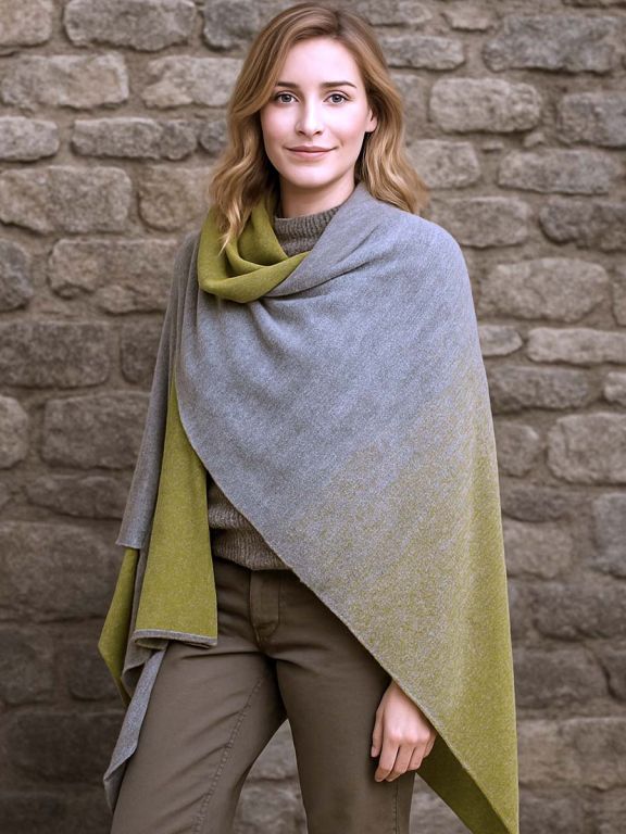 Femme blonde avec ruana en baby alpaga gris et vert olive, drapée sur les épaules devant un mur en pierre, modèle Pampa.